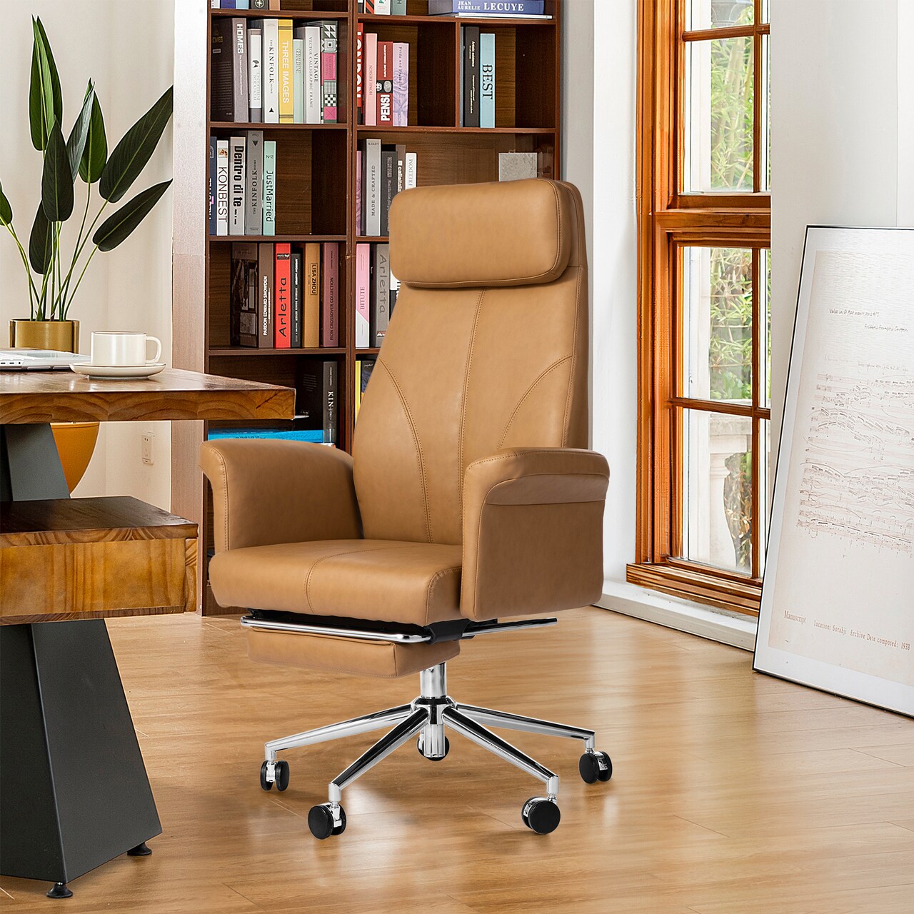 Modern Deluxe Faux Leather Gaslift Adjustable Swivel High Back Office Chair with Footrest and Armrest